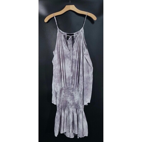 BLUE LIFE Shirred Waist Dress Cold Shoulder Mini in Boho Goddess Oasis Grey XS - Picture 2 of 14